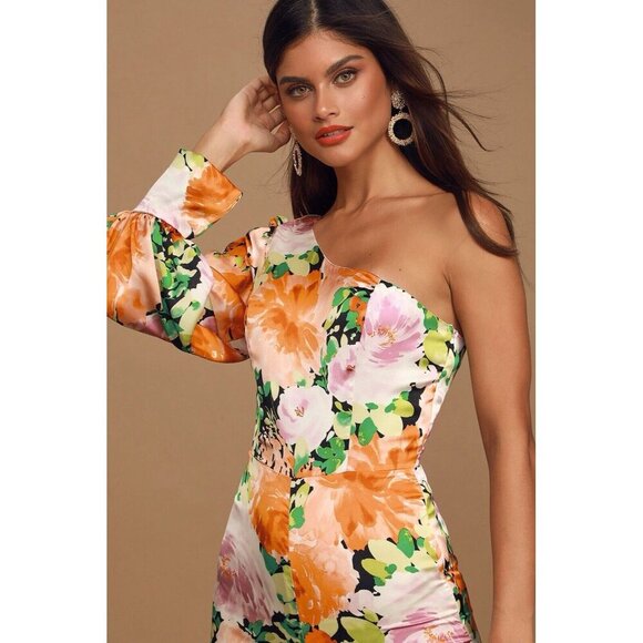 Lulu’s Lovin' It Orange Multi Floral Print Satin One-Shoulder Jumpsuit Size S - Picture 2 of 16